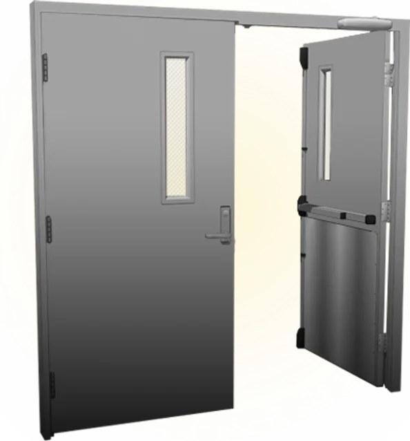 Pair of hollow metal doors, one leaf open